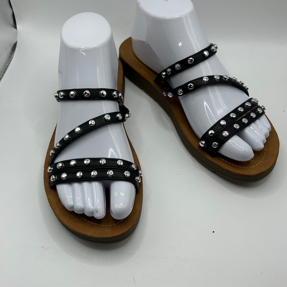 Dunes Womens Black Studded Strappy Flat Slide Sandals Size 7 Silver Studs Edgy